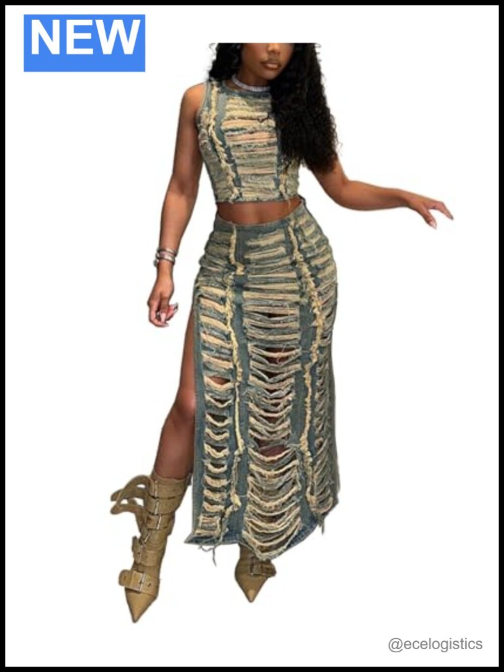 Women's 2-Piece Ripped Denim Skirt Set Crop Tank & Maxi Skirt